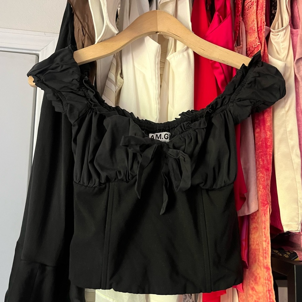 I AM GIA black off shoulder short sleeve corset boned bustier crop top